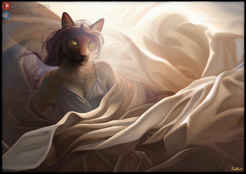 anthro bed_sheet bedding brown_body brown_fur brown_nose clothed clothing detailed_background female fur hair looking_at_viewer lying mature_female multicolored_body multicolored_fur piercing purple_hair solo text white_body white_fur yellow_eyes conditional_dnp ratte legacy_(ratte) eryoma domestic_cat faraden felid feline felis mammal siamese 2024 digital_media_(artwork) english_text painting_(artwork) portrait signature traditional_media_(artwork)