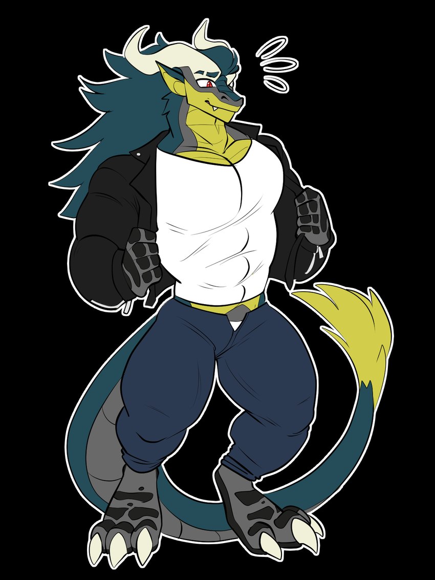 anthro bottomwear claws clothing fangs green_body green_scales grey_body grey_scales horn jacket leather leather_clothing leather_jacket leather_topwear male muscular pants paws scales shirt solo t-shirt tail tail_tuft teeth tight_clothing topwear tuft yellow_body yellow_scales rtf-m mythology brom_(sahurus) dragon mythological_creature mythological_scalie scalie hi_res