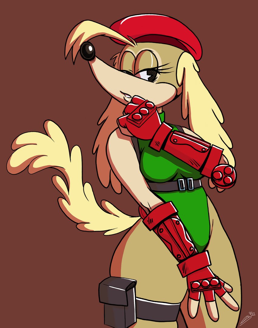 anthro blonde_hair breasts clothed clothing female fur gloves hair half-closed_eyes handwear hat headgear headwear leotard narrowed_eyes solo yellow_body yellow_fur bluechika capcom cuphead_(game) street_fighter cammy_white sgt._o'fera_(cuphead) canid canine canis domestic_dog hunting_dog mammal saluki sighthound 2022 hi_res