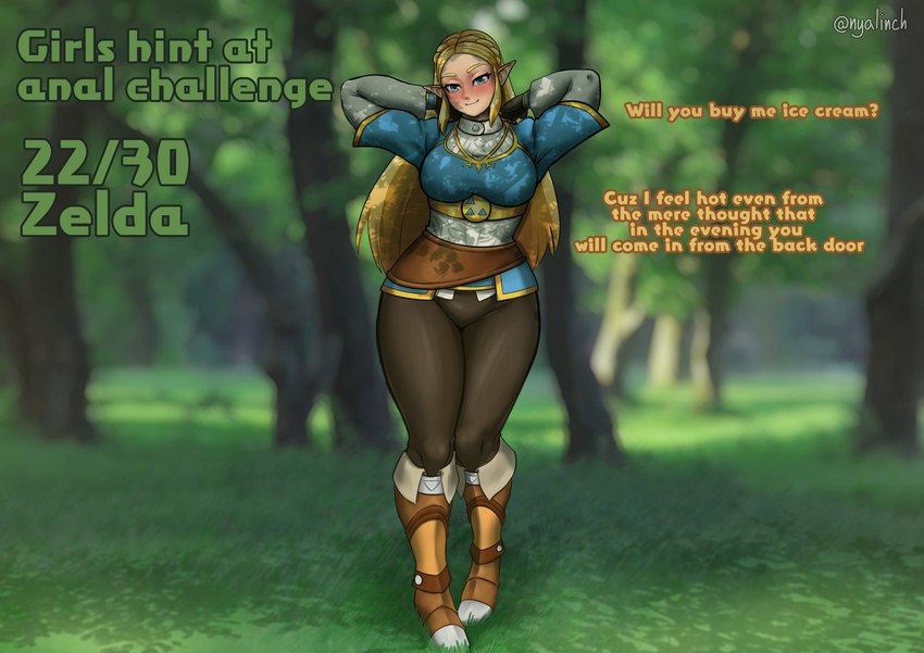 big_breasts blonde_hair blue_clothing blue_eyes blue_topwear blush bottomwear breasts brown_bottomwear brown_clothing brown_footwear brown_pants brown_shoes clothed clothing dialogue eyelashes female footwear forest front_view fully_clothed hair hands_behind_head humanoid_pointy_ears long_hair looking_at_viewer not_furry outside pants plant pointy_ears shoes smile solo standing suggestive talking_to_viewer tan_body tan_skin text thick_thighs topwear tree wide_hips nyalinch breath_of_the_wild nintendo the_legend_of_zelda princess_zelda humanoid hylian absurd_res english_text hi_res