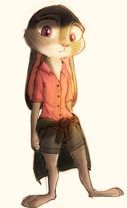 anthro barefoot biped clothed clothing clothing_around_waist dipstick_ears ear_markings feet female multicolored_ears purple_eyes simple_background solo standing white_background sprinkah disney zootopia judy_hopps lagomorph leporid mammal rabbit 2017 hi_res