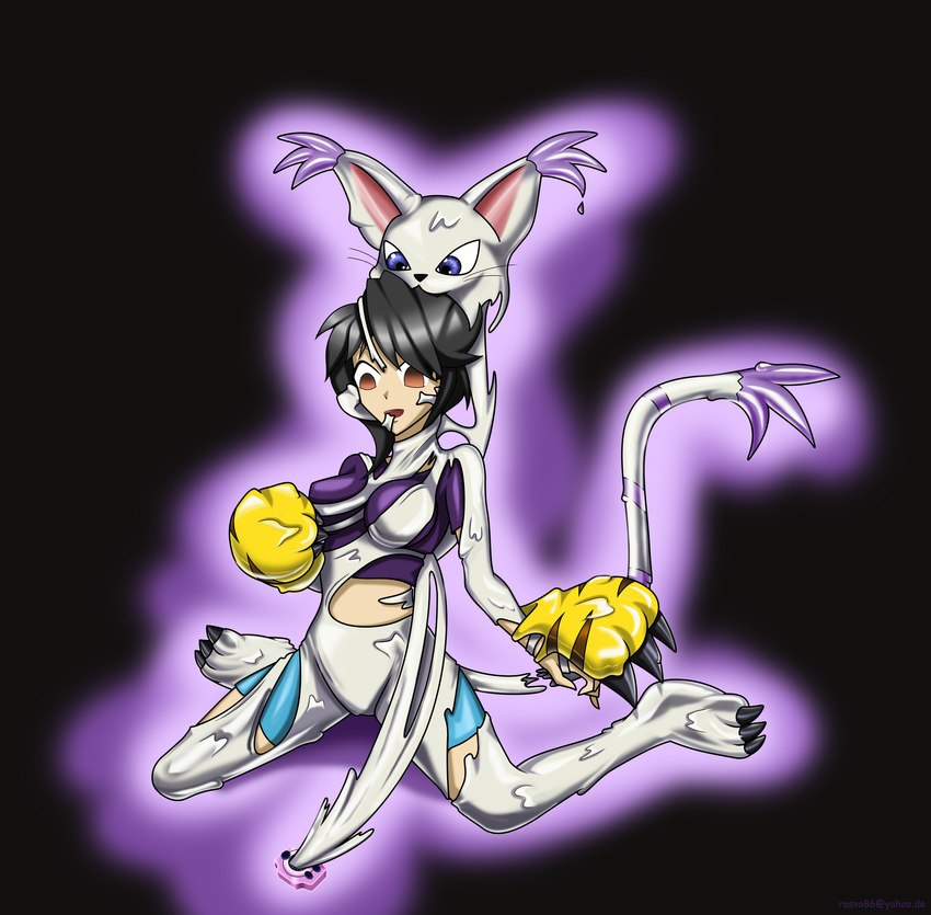 anthro black_background black_hair blue_eyes brainwashing breasts brown_eyes clothing digivice duo female goo_transformation hair human_to_anthro hypnosis latex mind_control possession simple_background species_transformation suit_transformation torn_clothing trance transformation rosvo bandai_namco digimon fan_character animate_inanimate digimon_(species) gatomon human living_clothing mammal symbiote absurd_res hi_res