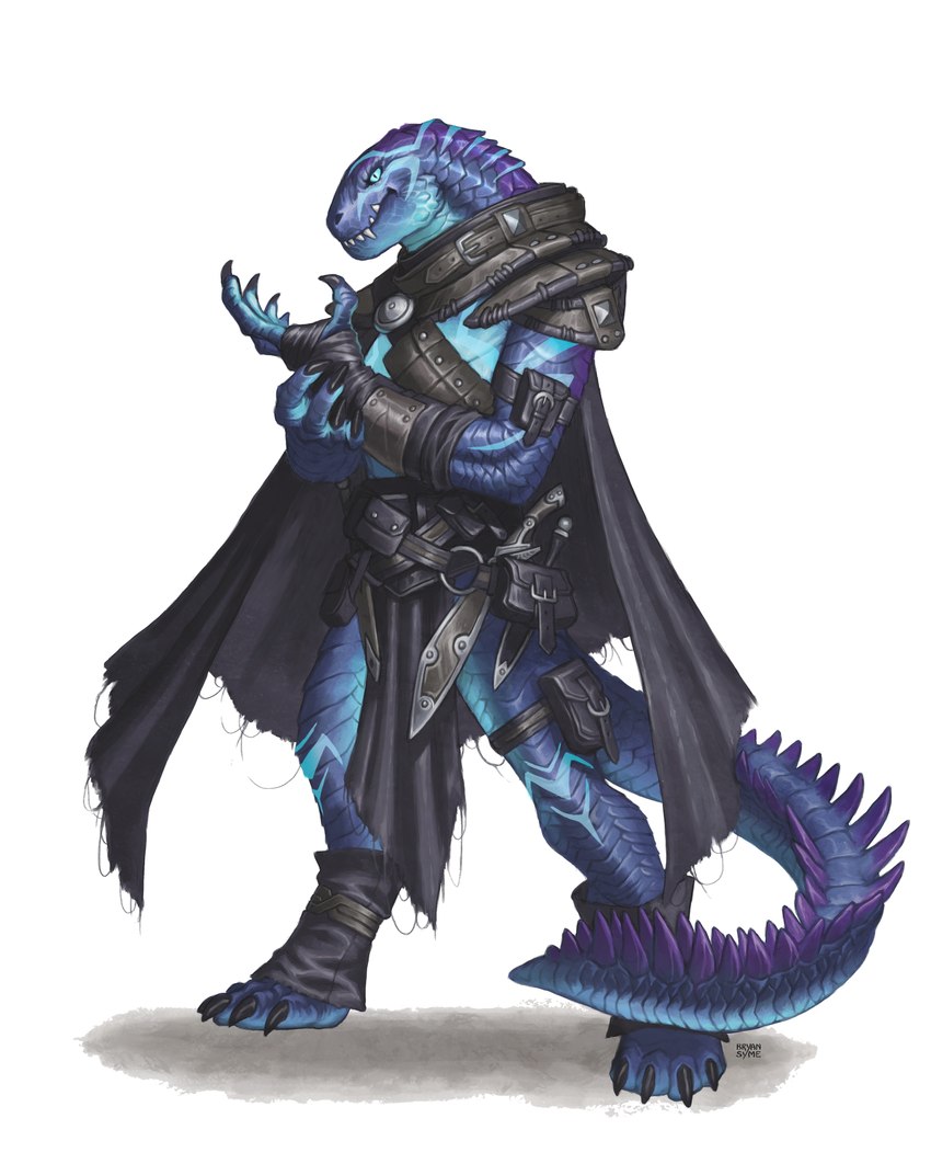 armor blue_eyes bottomwear cloak clothing dagger loincloth male markings melee_weapon rogue solo standing tattoo tribal tribal_markings tribal_tattoo weapon bryan_syme overlord_(series) pathfinder crius_(offline_user) lizard lizardman reptile scalie hi_res smaller_version_at_source