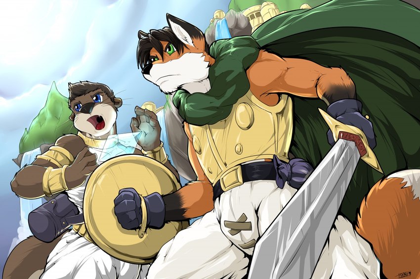 anthro armor blue_eyes brown_body brown_fur cape clothing cloud cloudy_sky duo focused fur gloves gold_(metal) gold_armor green_cape green_clothing green_eyes handwear holding_melee_weapon holding_object holding_shield holding_sword holding_weapon imminent_battle imminent_fight magic magic_user male melee_weapon muscular orange_body orange_fur shield sky sword waterfall weapon white_body white_clothing white_fur pandottermon chrono_trigger square_enix canid canine fox mammal mustelid otter 2019