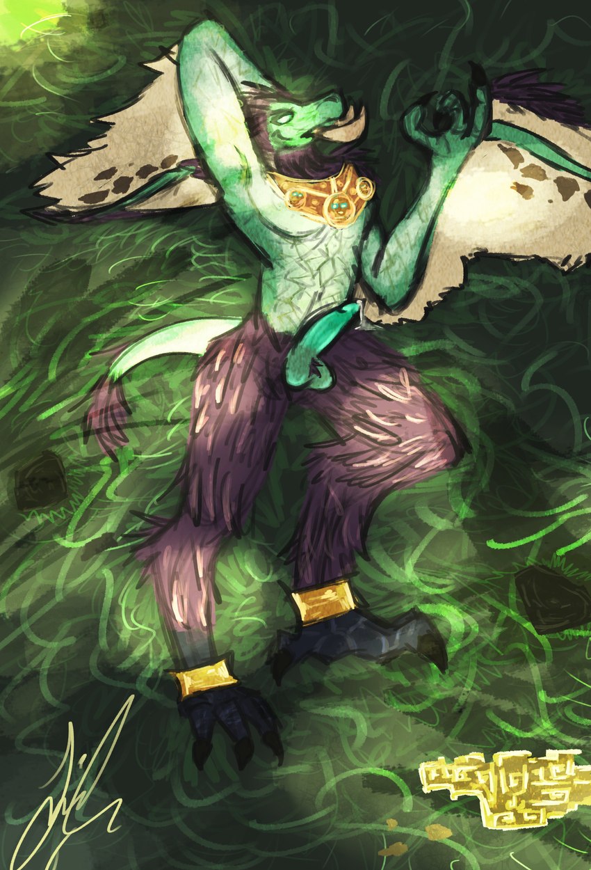 anthro feet genitals green_penis lying male penis solo talons toes tusks wings gaygoat blizzard_entertainment warcraft moonkin scalie troll_(mythology) zandalari_troll absurd_res hi_res