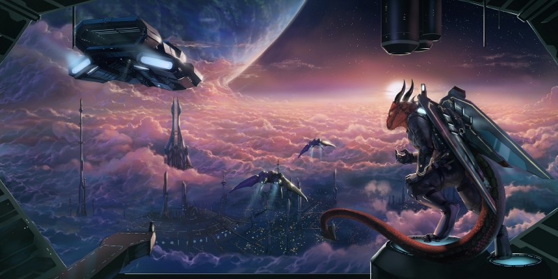 amazing_background anthro city cloud detailed_background future male planet scenery_porn sky solo space sunset tail technology world aaros mythology talaran dragon mythological_creature mythological_scalie reptile scalie 2015 2:1 detailed hi_res