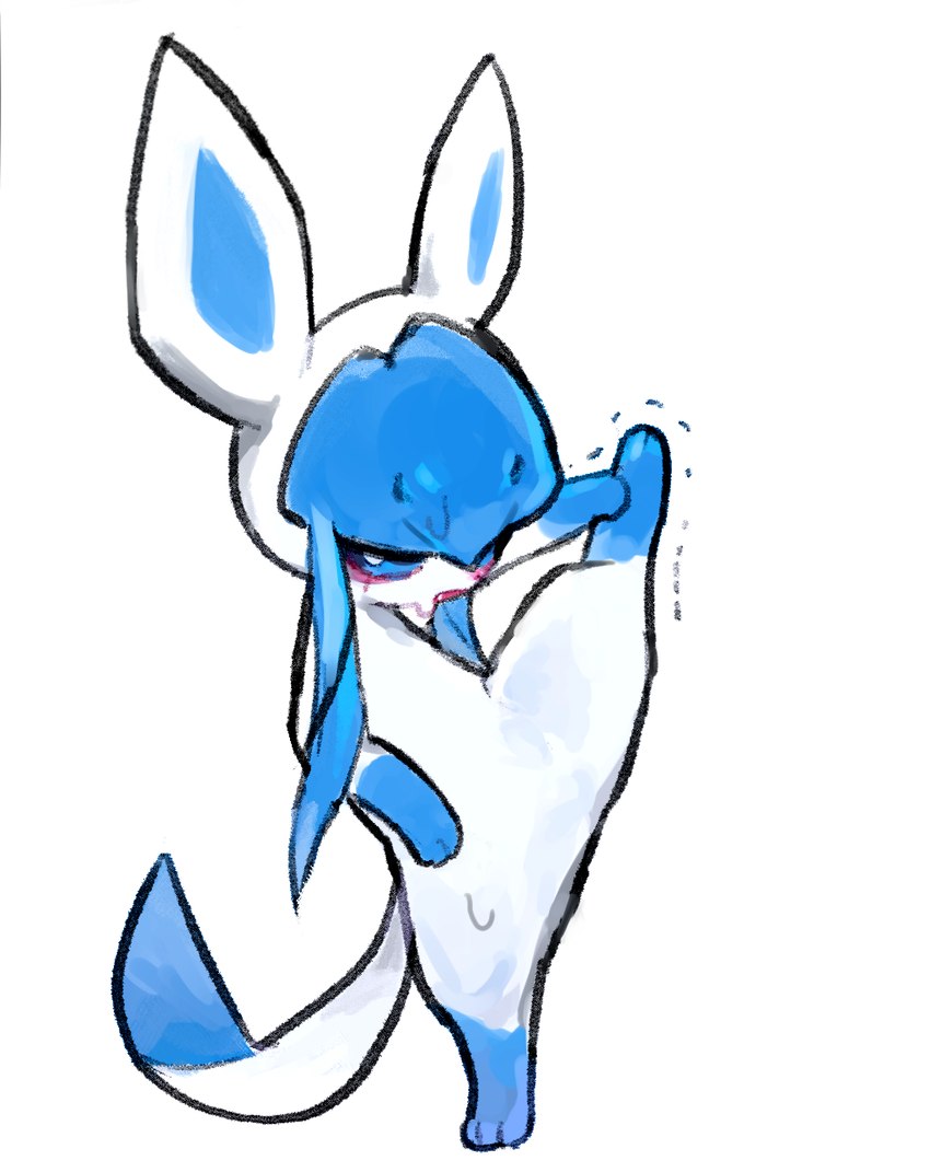 ambiguous_gender blue_body blush bodily_fluids feral monotone_background open_mouth simple_background solo tail white_background podo nintendo pokemon eeveelution generation_4_pokemon glaceon pokemon_(species) digital_media_(artwork) hi_res