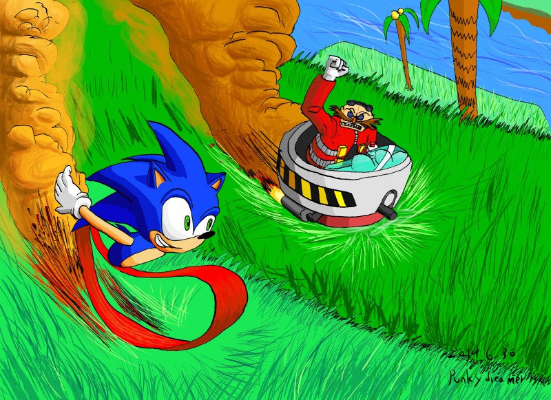 anthro blue_body duo male outside running sky punkydreamer sega sonic_the_hedgehog_(series) dr._eggman sonic_the_hedgehog eulipotyphlan hedgehog mammal 2014 absurd_res hi_res