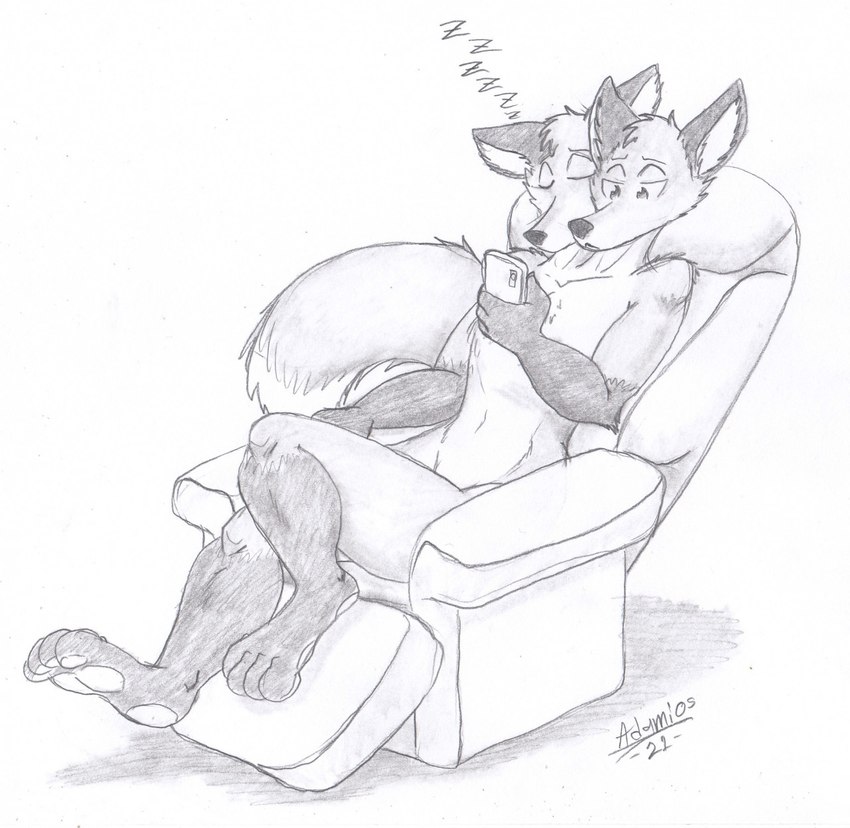 2_heads anthro cellphone chair conjoined duo electronics furniture looking_at_object looking_at_phone male male/male multi_head pawpads phone recliner sitting sleeping some_heads_sleeping adamios canid canine fox mammal hi_res