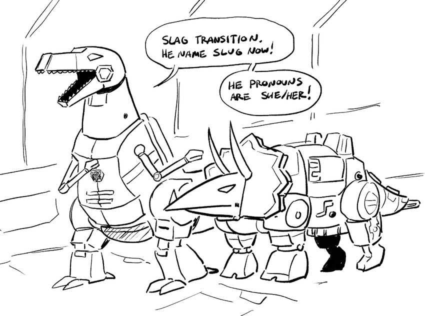 all_fours anthro autobot dialogue duo emblem humor machine male open_mouth speech_bubble standing tail text anaugi hasbro takara_tomy transformers grimlock slag_(dinobot) ceratopsian cybertronian dinobot_(species) dinosaur ornithischian prehistoric_species reptile robot robot_anthro scalie theropod triceratops tyrannosaurid tyrannosauroid tyrannosaurus tyrannosaurus_rex 2024 black_and_white english_text monochrome trans_(lore) trans_woman_(lore)