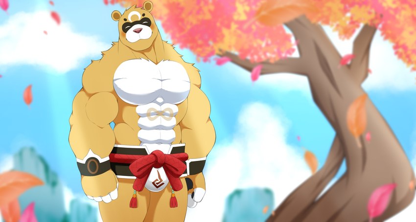 anthro asian_clothing belly brown_body brown_fur chinese_clothing clothed clothing east_asian_clothing fundoshi fur japanese_clothing male moobs muscular muscular_male navel pawpads paws plant red_leaves solo tattoo tree underwear underwear_only white_belly kecom genshin_impact mihoyo guoba_(genshin_impact) bear giant_panda mammal 2021 hi_res