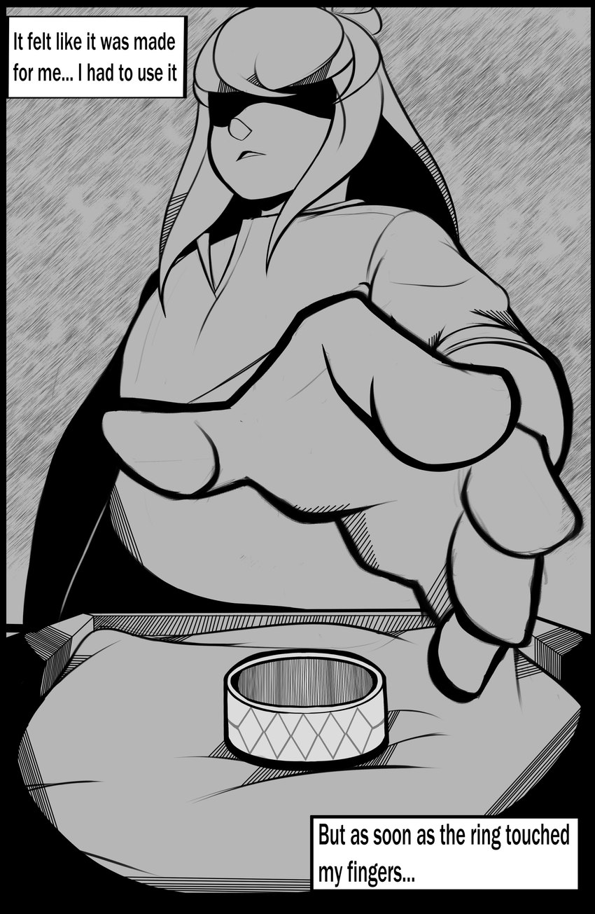 5_fingers clothing dialogue fingers hair human_to_anthro long_hair male reaching ring_(jewelry) robe solo species_transformation speech_bubble text transformation ileomaru maru_(ileomaru) humanoid absurd_res black_and_white english_text hi_res monochrome