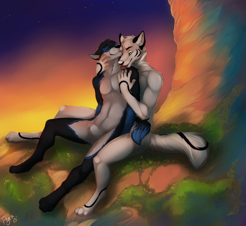 animal_genitalia anthro balls black_body black_fur black_markings blue_markings cuddling detailed_background duo eyes_closed face_grab fully_sheathed fur genitals grass green_eyes happy licking male male/male markings nude outside plant romantic romantic_ambiance romantic_couple sheath sitting sky star starry_sky sunset tail tongue tongue_out white_body white_fur flynx-flink backdraft vond canid canine canis mammal wolf digital_media_(artwork)