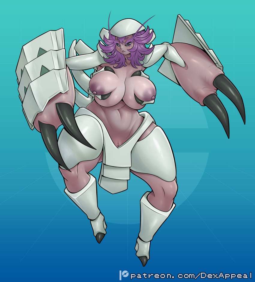 areola big_breasts breast_squish breasts claws eyelashes female genitals hair huge_breasts lips monster_girl_(genre) multi_limb navel nipples nude pokemorph purple_body purple_hair purple_lips purple_skin pussy pussy_peek simple_background solo squish thick_eyelashes thick_thighs wide_hips dex_appeal nintendo pokemon arthropod generation_7_pokemon golisopod humanoid insect pokemon_(species) hi_res