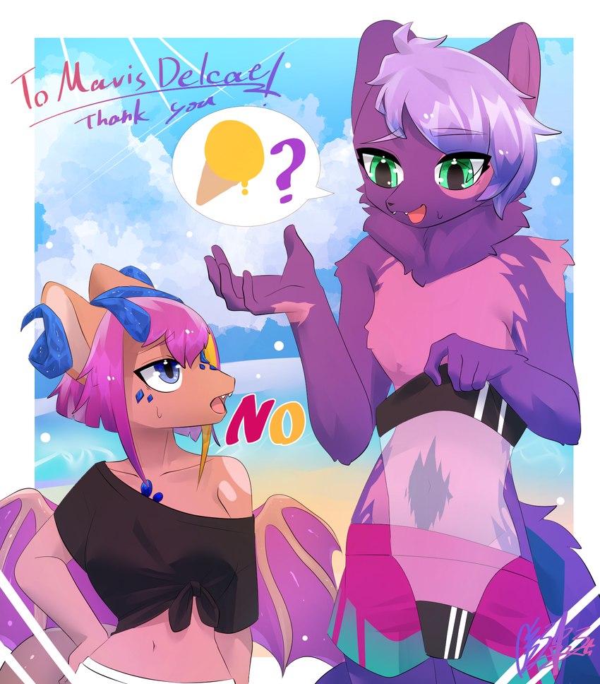 2_horns anthro beach black_clothing black_crop_top black_shirt black_topwear blue_eyes blue_markings clothing crop_top curled_horn dessert diamond_(marking) duo eye_contact fangs female food fur gem hair hand_on_hip holding_clothing holding_object horn ice_cream looking_at_another looking_down looking_up male male/female markings membrane_(anatomy) membranous_wings multicolored_body multicolored_fur navel one-piece_swimsuit open_mouth orange_body orange_scales pink_body pink_fur pink_hair pink_tongue purple_body purple_fur purple_membrane question_mark sapphire_(gem) scales seaside shirt short_hair size_difference spots spotted_markings swimming_trunks swimwear tail teeth text tongue topwear translucent translucent_clothing translucent_swimwear wings keykids european_mythology gris_swimsuit meme_clothing mythology mavis_delcat tophire_gemhorn domestic_cat dragon felid feline felis mammal mythological_creature mythological_scalie scalie western_dragon english_text hi_res meme herm_(lore)