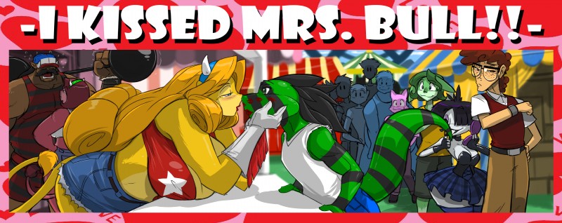 anthro big_breasts breasts clothing element_drop_shadow female group hair kiss_mark kissing lipstick makeup male male/female text_drop_shadow shonuff cameron_(skunkdude13) mrs._bull lizard mammal reptile scalie absurd_res digital_media_(artwork) hi_res