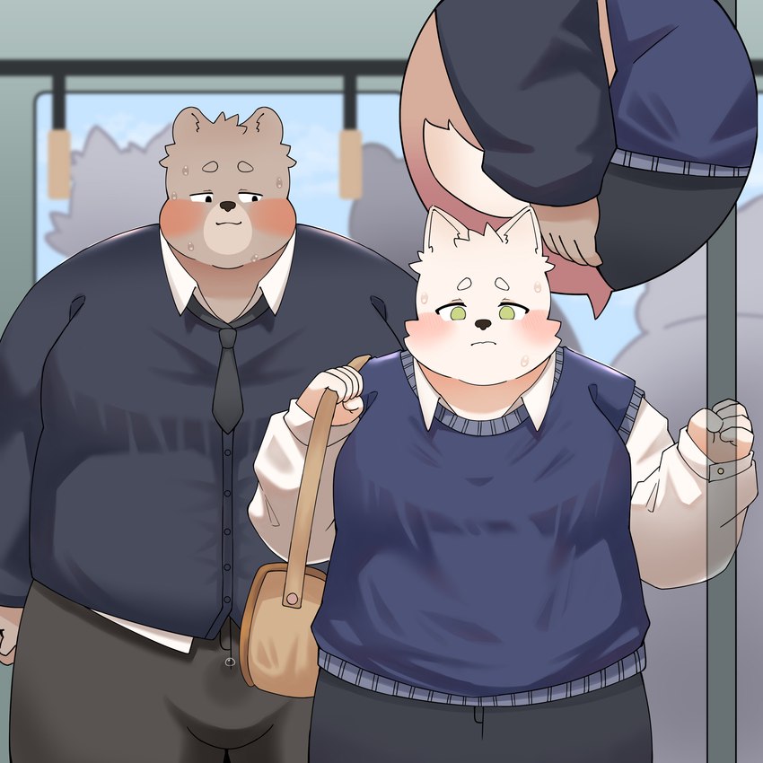 anthro blush bodily_fluids brown_body bulge butt butt_grab clothing duo_focus genital_fluids group hand_on_butt kemono male male/male necktie overweight overweight_male precum shirt student teacher teacher_and_student topwear zettaishokuyoku bear canid canine canis domestic_dog mammal 1:1 2025 absurd_res hi_res