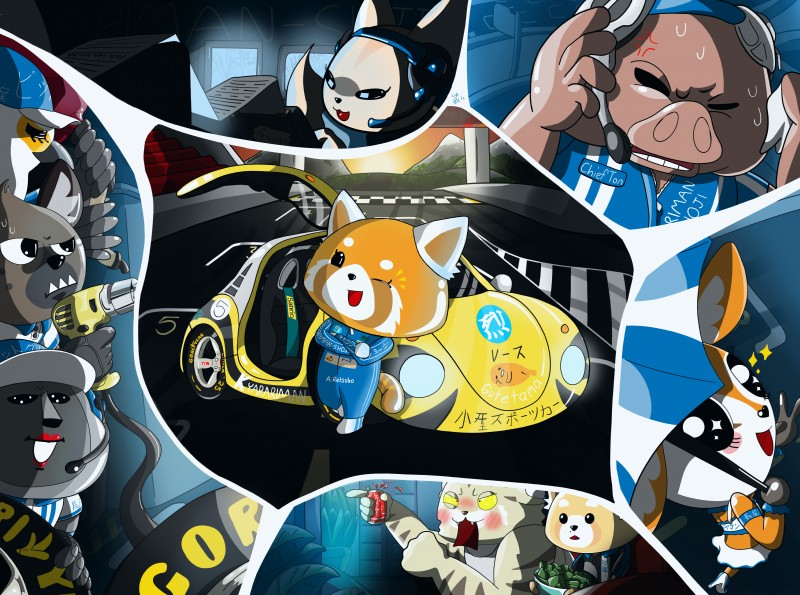 banana beverage_can bottomwear car clothing electronics female food fruit group headgear headphones headset japanese jumpsuit male miniskirt parasol pit_crew plant power_tool race_car race_queen race_track skirt text tire tools vehicle mousewrist aggretsuko sanrio director_gori director_ton fenneko gudetama haida_(aggretsuko) manumaru resasuke retsuko secretary_washimi tsunoda_(aggretsuko) accipitriform ailurid antelope ape avian bird bovid canid canine domestic_pig felid feline fennec_fox fox gazelle gorilla haplorhine hyena mammal pallas's_cat primate red_panda secretary_bird spotted_hyena suid suina sus_(pig) true_fox absurd_res hi_res japanese_text