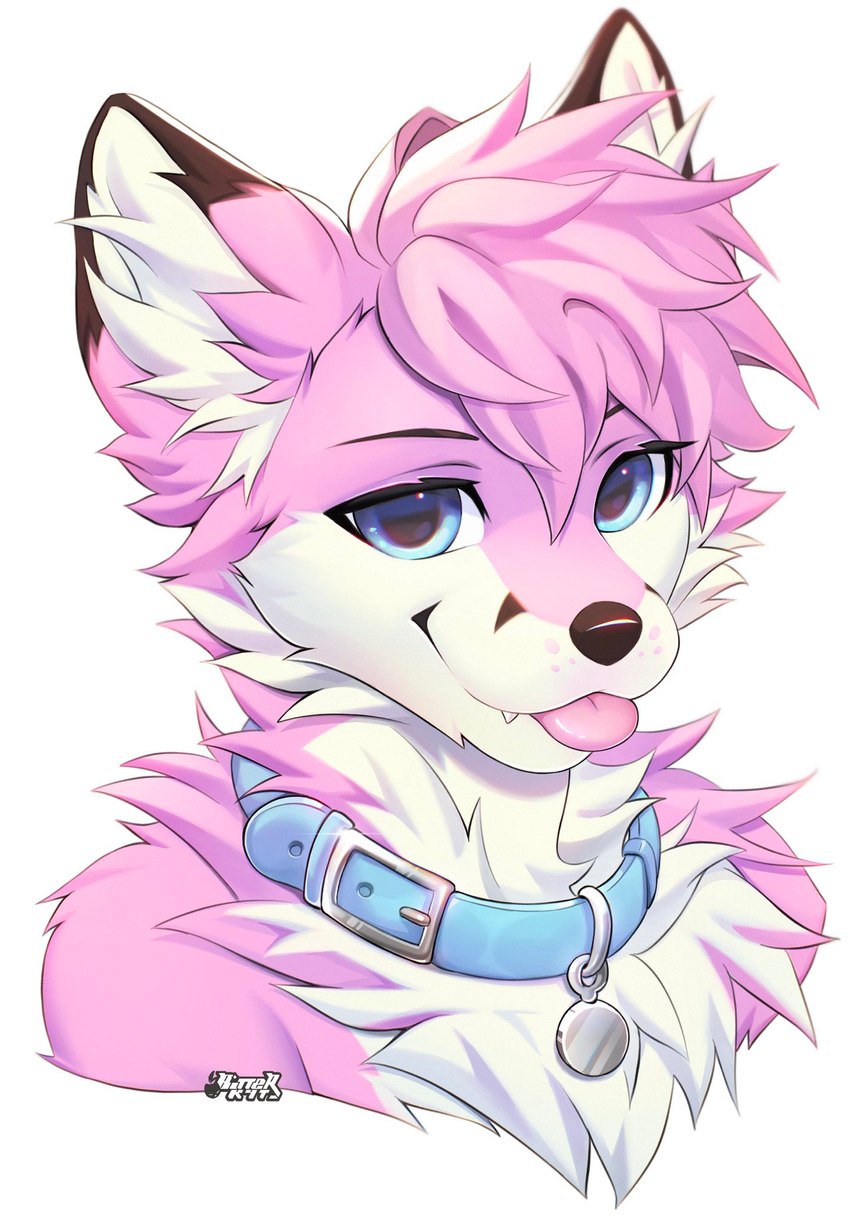 anthro black_nose blep blue_collar blue_eyes cheek_tuft collar dipstick_ears ear_markings facial_tuft fur head_tuft inner_ear_fluff looking_at_viewer multicolored_ears pink_body pink_fur solo tongue tongue_out tuft white_body white_fur bitterk4t pjfox_(character) canid canine fox mammal 2023 bust_portrait digital_drawing_(artwork) digital_media_(artwork) hi_res portrait