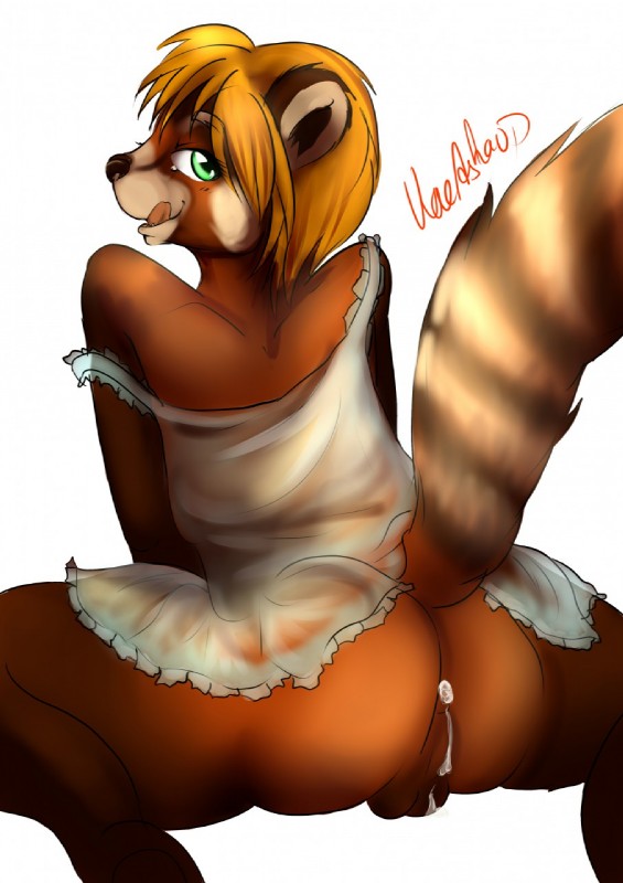 anthro anus backsack balls biped blonde_hair bodily_fluids butt clothing cum femboy genital_fluids genitals grin hair looking_at_viewer male pose sitting smile solo tongue kaeaskavi suka ailurid mammal red_panda hi_res