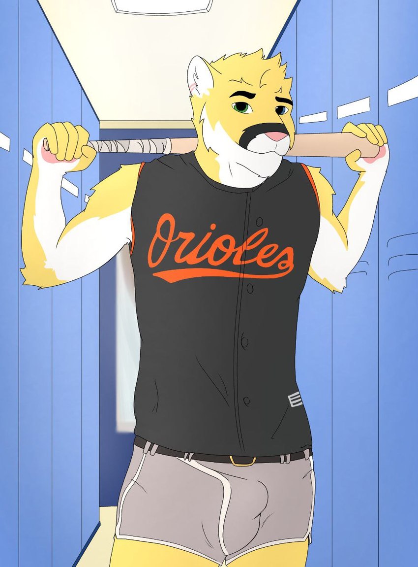 anthro baseball_(sport) baseball_bat baseball_uniform bat_(object) bulge clothing detailed_bulge heterochromia jersey jock looking_at_viewer male solo sport sportswear uniform yoke_pose ferny42 baltimore_orioles_(mlb) mlb riley_winters cougar felid feline mammal hi_res