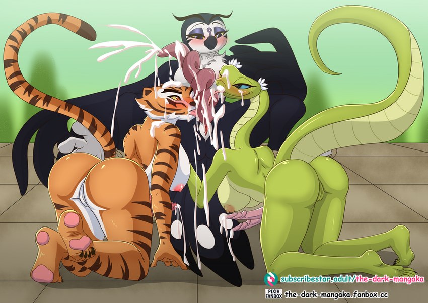 2_penises 4_toes all_fours anatomically_correct anatomically_correct_genitalia anatomically_correct_penis animal_genitalia animal_penis anthro anthrofied areola beak big_breasts big_penis blush bodily_fluids breasts butt cum cumshot ejaculation erection feathered_wings feathers feet feline_genitalia feline_penis fur genital_fluids genitals group group_sex half-closed_eyes hemipenes herm herm/herm humanoid_feet intersex intersex/intersex licking multi_genitalia multi_penis narrowed_eyes nipples nude oral orange_body orgasm pawpads penile penile_spines penis penis_lick plantigrade pussy sex sitting smile soles spread_legs spreading stripes tail threesome toes tongue tongue_out trio winged_arms wings the_dark_mangaka dreamworks kung_fu_panda fenghuang_(kung_fu_panda) master_tigress master_viper avian bird felid mammal owl pantherine reptile scalie snake tiger viper 2025 digital_media_(artwork)