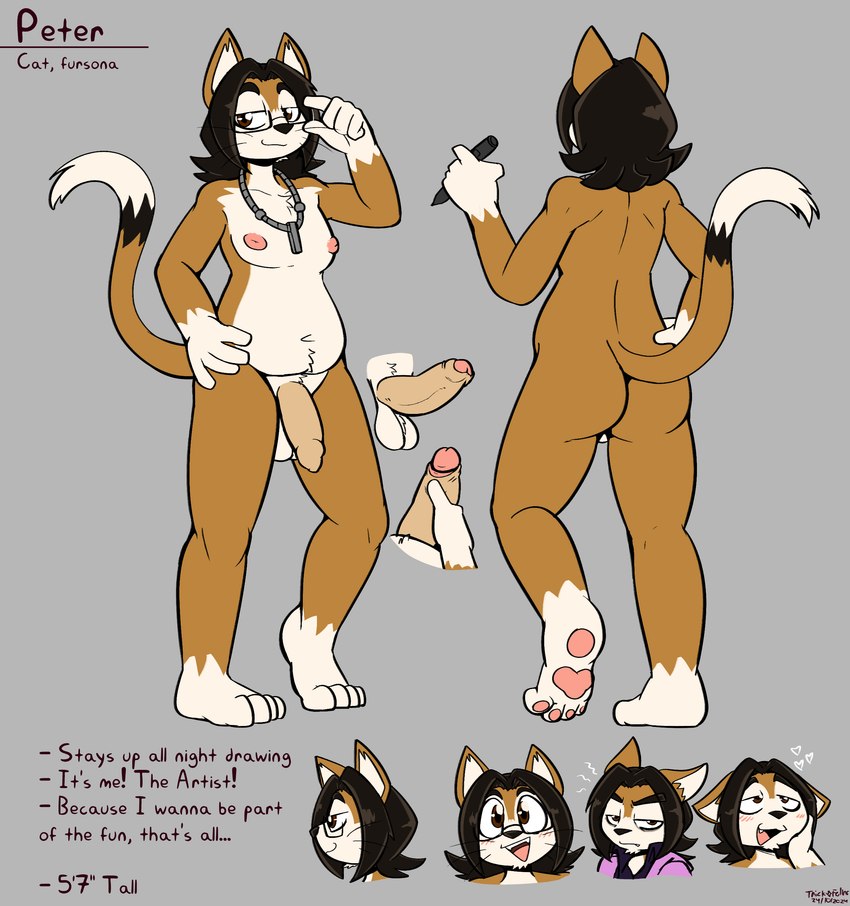 4_toes anthro ball_tuft balls belly_tuft black_body black_fur black_inner_ear black_nose blush brown_body brown_eyes brown_fur cute_fangs dipstick_tail erection eyebrows facial_hair fangs feet flaccid foreskin front_view fur genitals glans gloves_(marking) goatee grey_background hand_on_face heart_symbol holding_object humanoid_genitalia humanoid_penis jewelry leg_markings looking_at_viewer male markings multiple_poses necklace nipples pawpads penis pink_glans pink_nipples pink_pawpads pose pupils raised_eyebrows rear_view simple_background smile smirk socks_(marking) solo stylus tail tail_markings tan_penis teeth text tiptoes toes tuft whiskers white_balls white_body white_fur felino peter_(felino) domestic_cat felid feline felis mammal 2025 absurd_res english_text hi_res model_sheet