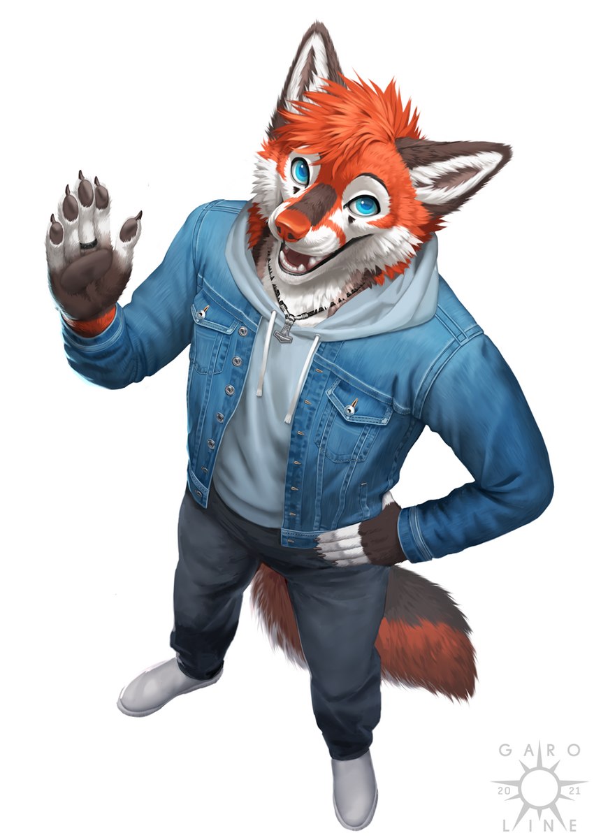 5_fingers anthro black_bottomwear black_clothing black_pants blue_eyes bottomwear clothed clothing denim denim_clothing denim_jacket denim_topwear fingers footwear fur hair hand_on_hip hoodie inner_ear_fluff jacket looking_at_viewer looking_up male open_mouth pants red_body shoes simple_background smile solo teeth text tongue topwear tuft white_background white_body white_clothing white_footwear white_fur white_inner_ear_fluff white_shoes kero_tzuki canid canine canis fox mammal 2021 dated digital_drawing_(artwork) digital_media_(artwork) english_text hi_res watermark