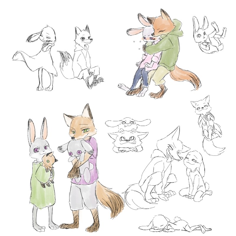 anthro clothing duo female male aomaroo disney zootopia judy_hopps nick_wilde canid canine fox lagomorph leporid mammal rabbit red_fox true_fox 1:1 hi_res sketch