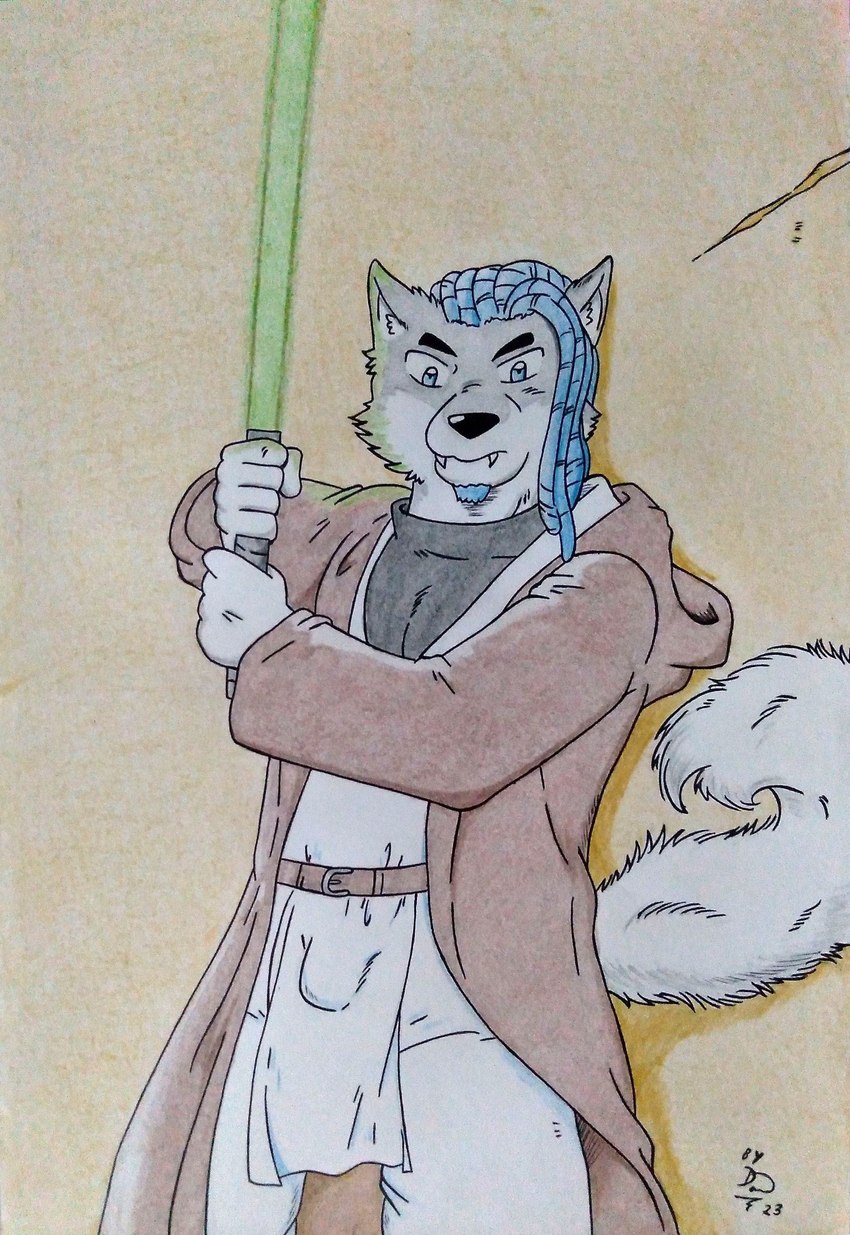 5_fingers anthro black_nose blue_eyes blue_hair brown_clothing bulge clothing cracked_wall dreadlocks facial_hair fingers fluffy fluffy_tail fur goatee green_lightsaber hair holding_melee_weapon holding_object holding_sword holding_weapon jedi jedi_tunic lightsaber male manly melee_weapon sharp_teeth simple_background sword tail teeth weapon dashthefox star_wars canid canine canis domestic_dog husky mammal nordic_sled_dog spitz absurd_res hi_res traditional_media_(artwork)