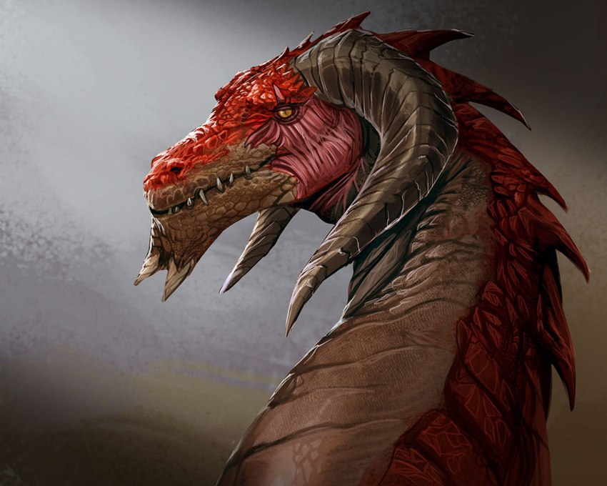 ambiguous_gender curled_horn dead_eyes exposed_muscle feral horn red_body red_scales scales sharp_teeth solo spikes spikes_(anatomy) spines tan_body tan_scales teeth yellow_sclera athavan attack_on_titan mythology mergo dragon lizard mythological_creature mythological_scalie reptile scalie 5:4 bust_portrait portrait