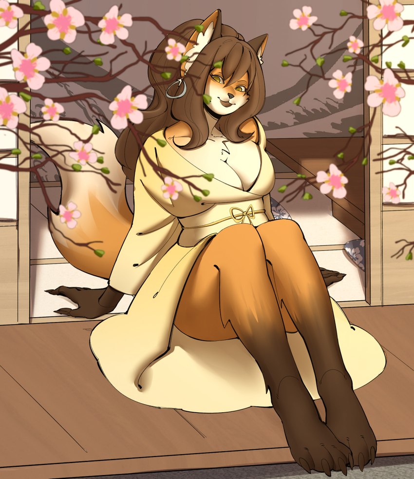 anthro asian_clothing big_breasts breasts brown_hair cherry_blossom cherry_blossom_tree cherry_tree chest_tuft cleavage clothed clothing ear_piercing ear_ring east_asian_clothing exposed_leg feet female flower fluffy fluffy_tail fruit_tree hair hoop_ear_ring japanese_clothing kimono long_hair looking_at_viewer obi piercing plant prunus_(flower) ring_piercing shoji sitting sitting_on_ground solo tail tatami tree tuft yellow_eyes arsfa mice_tea sylvia_drake canid canine fox mammal hi_res trans_(lore) trans_woman_(lore)