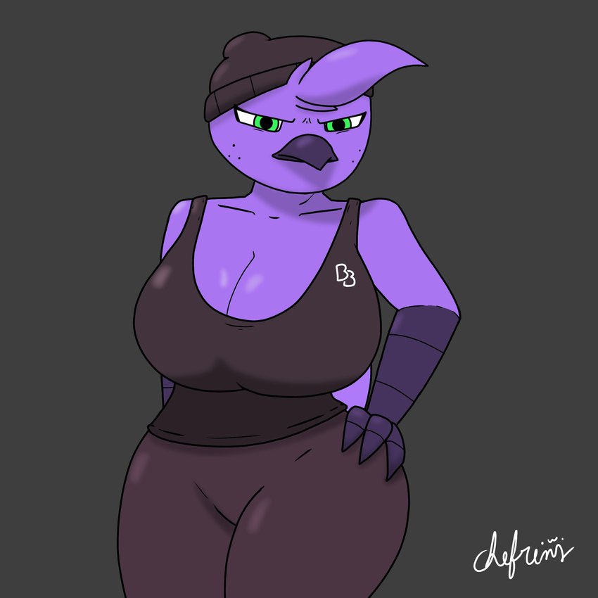 angry anthro beak beanie big_breasts bottomwear breasts clothed clothing feathers female female_anthro freckled_face freckles frown fully_clothed fully_clothed_anthro fully_clothed_female green_eyes hair hat headgear headwear huge_breasts non-mammal_breasts pants purple_body purple_hair scuted_arms scutes shirt simple_background solo tank_top tight_clothing topwear wide_hips yoga_pants chefrens beat_banger zoe_monroe avian bird 1:1 digital_media_(artwork) hi_res signature