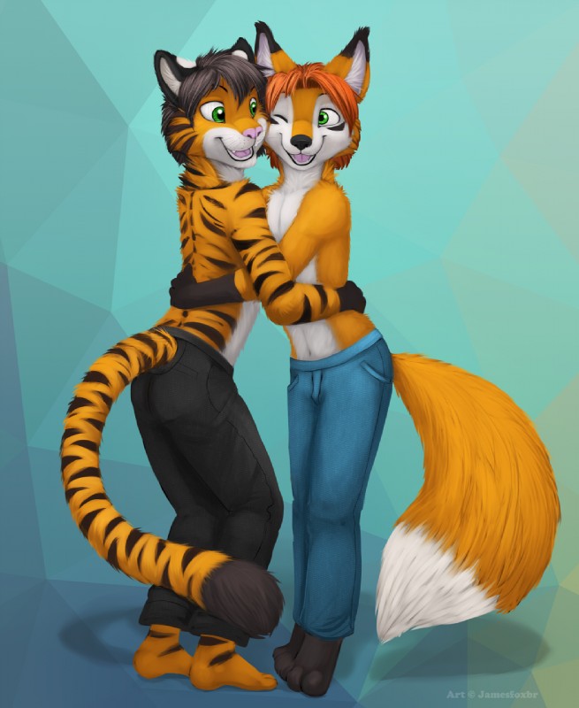 anthro clothed clothing duo fur green_eyes hair hug male orange_body orange_fur simple_background smile standing stripes teeth tongue topless jamesfoxbr james_fox saba canid canine felid fox mammal pantherine tiger 2016 digital_media_(artwork) digital_painting_(artwork) hi_res painting_(artwork) shaded