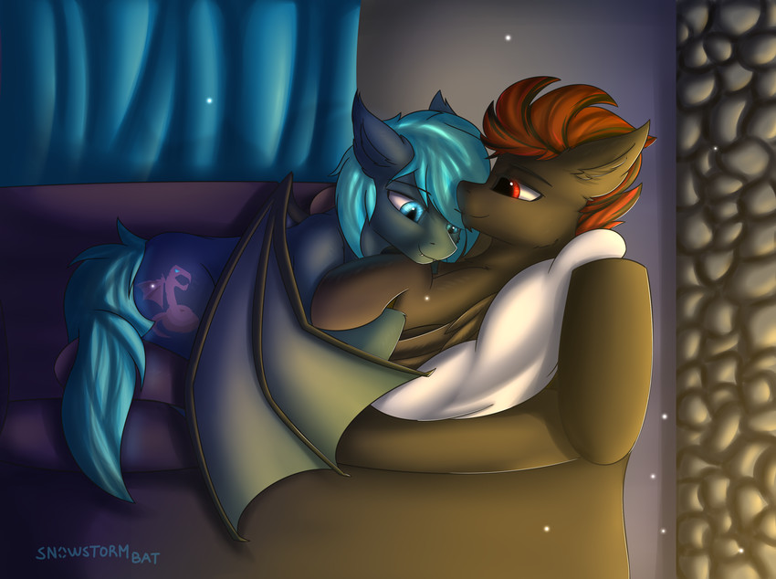 cuddling duo feral fireplace furniture living_room male male/male pillow sofa snowstormbat hasbro my_little_pony blitz_(mlp) blitz_moon fan_character guttatus equid equine horse mammal absurd_res hi_res