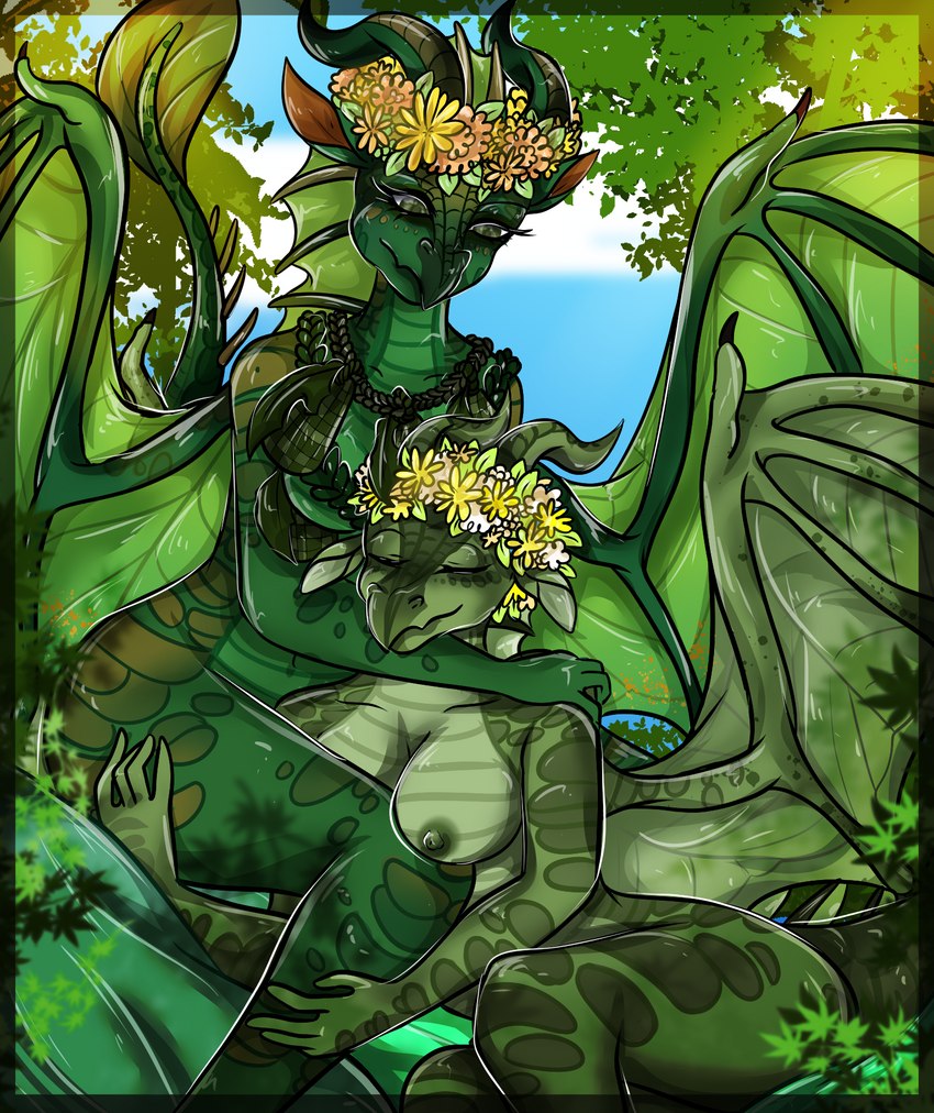 anthro big_breasts breasts canon_couple duo eyes_closed female female/female flower forest gold_scales green_body green_scales hug jungle membrane_(anatomy) membranous_wings nature nipples non-mammal_breasts non-mammal_nipples nude plant romantic romantic_couple scales smile spread_wings tail tree tropical wings finnyartwork mythology wings_of_fire sundew_(wof) willow_(wof) dragon leafwing_(wof) mythological_creature mythological_scalie scalie hi_res