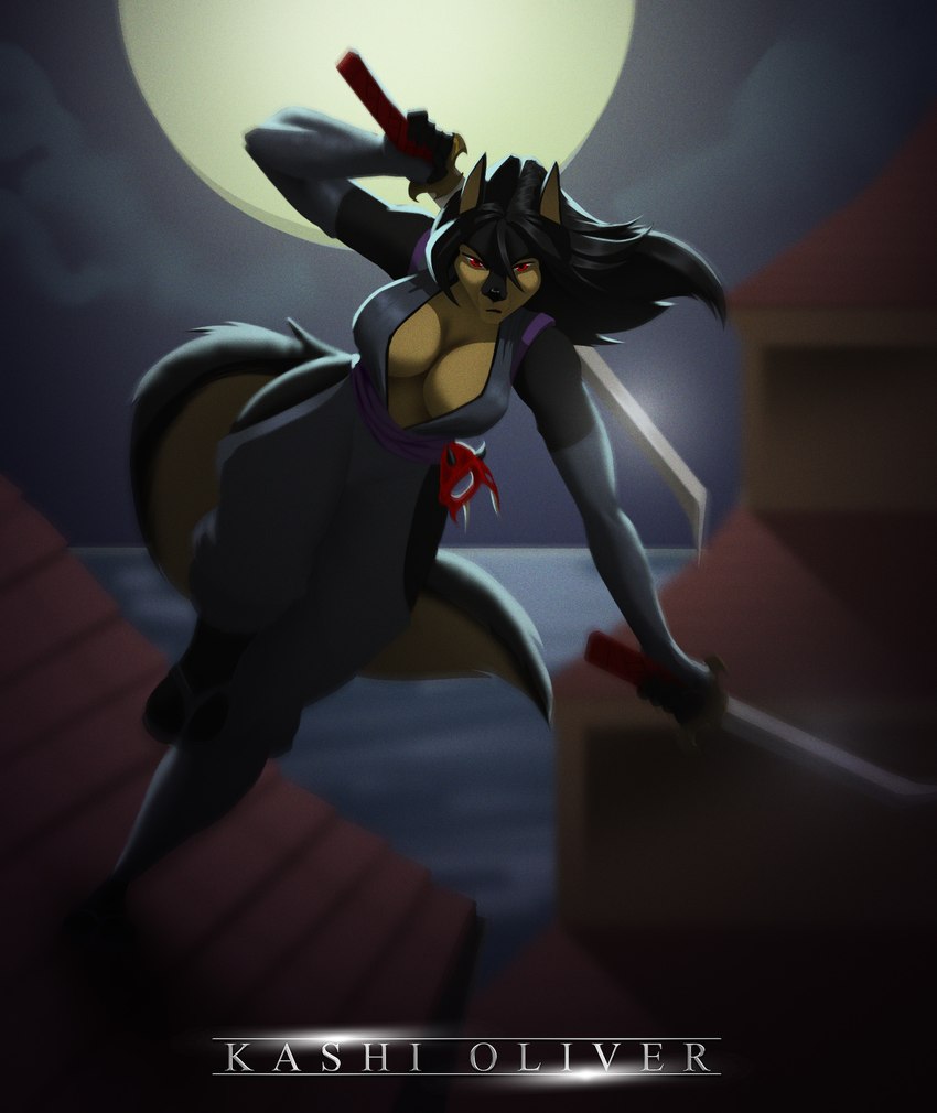 anthro black_hair breasts cloud ears_up female grey_eyes hair light looking_at_viewer mask melee_weapon moon moonlight ninja ninja_suit noh_mask oni_mask rooftop sea solo standing sword tail warrior water wave weapon kashioliverart the_sake_ninja canid canine fox mammal true_fox colored hi_res