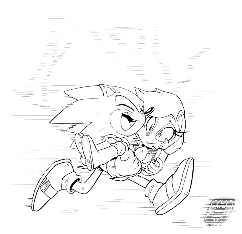 anthro boots carrying_another clothing eyelashes eyes_closed female footwear gloves handwear jacket male male/female open_mouth running shoes smile surprise topwear finimun archie_comics sega sonic_the_hedgehog_(archie) sonic_the_hedgehog_(comics) sonic_the_hedgehog_(series) nicole_(computer) sally_acorn sonic_the_hedgehog chipmunk eulipotyphlan ground_squirrel hedgehog mammal rodent sciurid 2018 greyscale monochrome