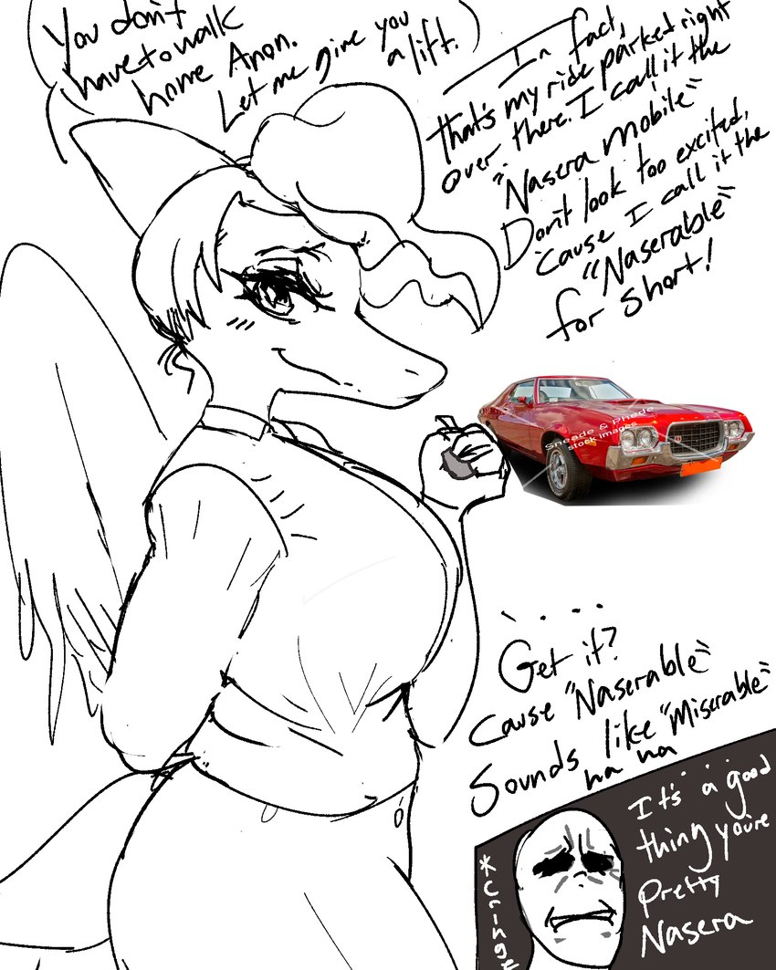 anthro car clothed clothing cringing crossgender dialogue duo feathered_wings feathers female hair half-shaved_head long_snout looking_at_viewer male side_view snout text vehicle wings rexhastala cavemanon_studios goodbye_volcano_high snoot_game anon_(snoot_game) naser_(gvh) nasera human mammal prehistoric_species pterodactylus pterosaur reptile scalie 4:5 english_text hi_res monochrome sketch