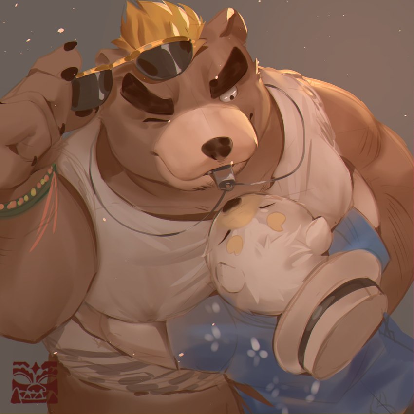 anthro brown_body clothing duo eyewear hat headgear headwear hug kemono male one_eye_closed overweight overweight_male shirt size_difference sunglasses topwear white_body jmeo1230 lifewonders tokyo_afterschool_summoners ashigara_(tas) bear mammal polar_bear ursine 1:1 2022 hi_res