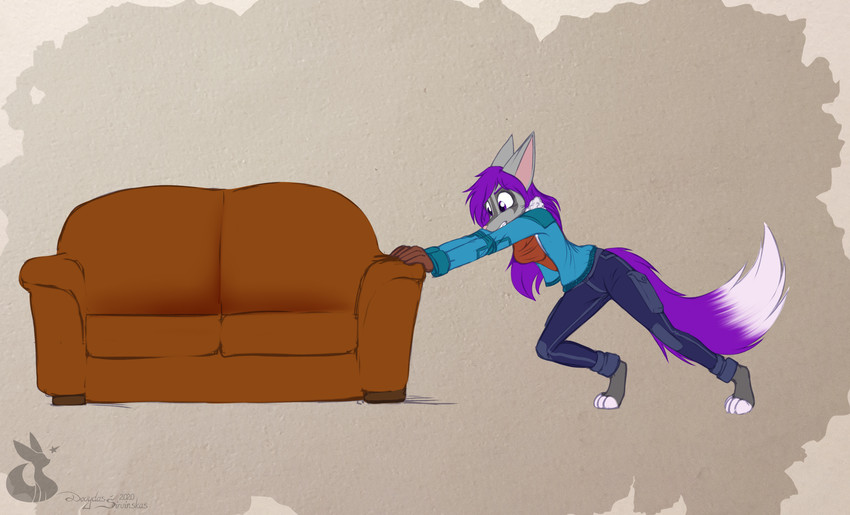 5_fingers anthro barefoot blue_clothing blue_jacket blue_topwear breasts clothed clothing digitigrade dipstick_tail feet female fingers fluffy fluffy_tail fur furniture grey_body grey_fur hair hindpaw jacket long_hair markings multicolored_tail open_clothing open_jacket open_topwear paws purple_eyes purple_hair purple_tail pushing_object simple_background sofa solo tail tail_markings topwear two_tone_tail white_tail mancoin dreamkeepers the_wayward_astronomer miri_rodgers canid canine fox mammal 2020 hi_res