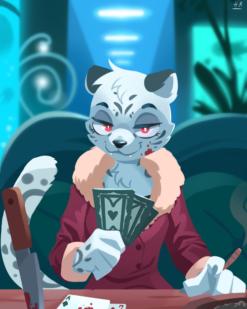 anthro black_nose blood bodily_fluids clothed clothing coat detailed_background fangs female fully_clothed fur head_tuft holding_object inside knife looking_at_viewer red_eyes smile solo teeth topwear tuft white_body white_fur hydrabb felid mammal pantherine snow_leopard 2021 4:5 absurd_res digital_media_(artwork) hi_res lineless