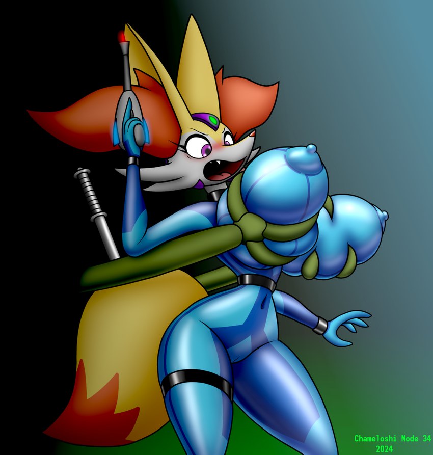 anthro big_breasts blush breast_grab breasts camel_toe clothing female gun hand_on_breast huge_breasts navel nipple_outline ranged_weapon skintight_bodysuit skintight_suit solo surprise tight_clothing weapon zero_suit chameloshi metroid nintendo pokemon fennekin generation_6_pokemon pokemon_(species) hi_res