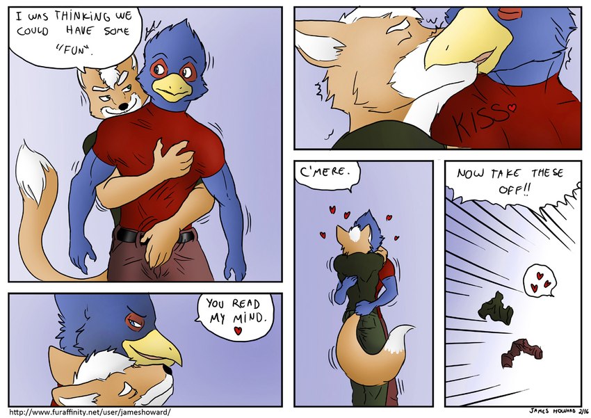 anthro beak belt bulge_groping butt dialogue duo grope heart_symbol hug inside male male/male rear_view standing tail text siman-clifton nintendo star_fox falco_lombardi fox_mccloud avian bird canid canine fox mammal 2012 comic digital_drawing_(artwork) digital_media_(artwork) english_text url