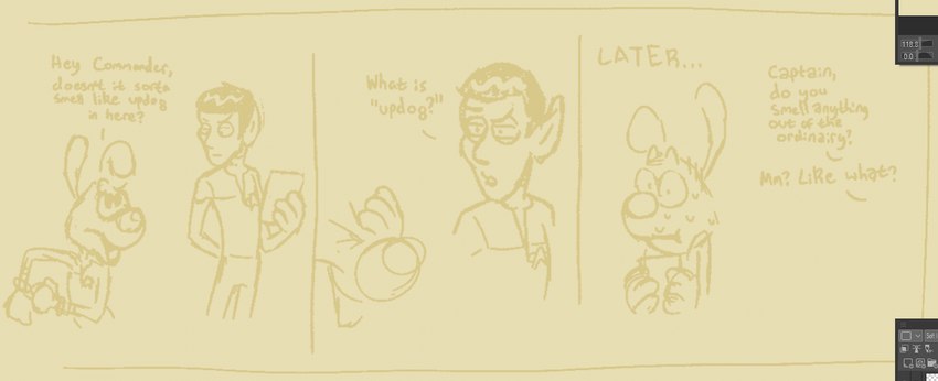 anthro bodily_fluids bowl_cut comic_panel confusion dialogue duo facepalm hand_behind_back humanoid_pointy_ears laugh male nervous pointy_ears starfleet sweat toony updog doodledoggy star_trek doodle_(doodledoggy) alien alien_humanoid canid canine canis domestic_dog humanoid mammal vulcan clip_studio_paint_(artwork) digital_media_(artwork)