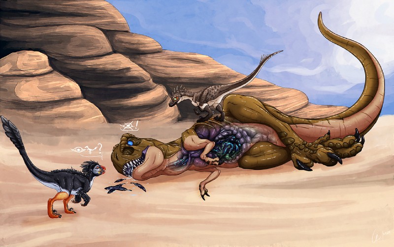 desert feral group internal lying on_side organs stomach vore oliverfox ciara_(rothar) pacy_(rothar) rothar sabryne dinosaur dromaeosaurid prehistoric_species reptile scalie theropod tyrannosaurid tyrannosauroid tyrannosaurus tyrannosaurus_rex utahraptor