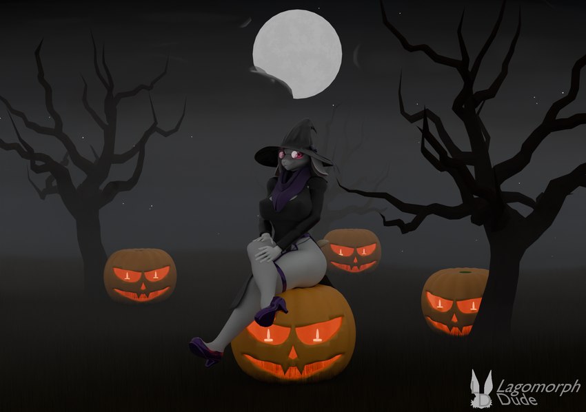 anthro black_clothing bow_hat breasts candle clothing cloud crossgender eyewear female fog food footwear fruit fur glasses glowing glowing_eyes grass grass_field hat headgear headwear high_heels holidays jack-o'-lantern looking_at_viewer moon mtf_crossgender night pink_eyes plant pumpkin purple_clothing scarf shoes sitting smile socks solo star tree white_body white_fur witch_costume witch_hat lagomorph_dude blender_cycles deltarune halloween undertale_(series) ralsei ralsei_(bysamzan) bovid caprine goat mammal 3d_(artwork) blender_(artwork) digital_media_(artwork) hi_res watermark