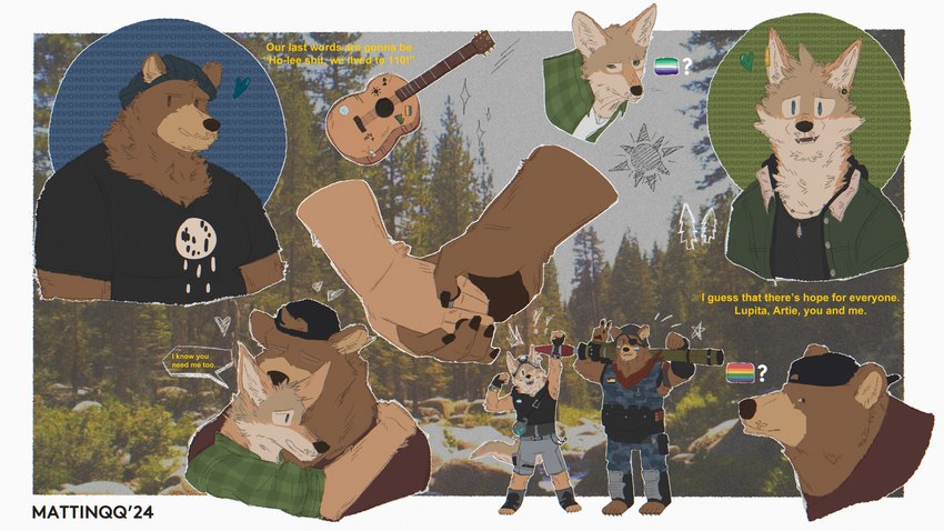 anthro armor beanie bear_pride_colors bottomwear brown_body brown_fur camo claws clothing combat_gear cosplay crossover_cosplay dialogue digit_ring duo eye_patch eyewear facial_scar fist flannel forest forest_background fur gesture guitar hand_gesture hand_holding happy hat headgear headwear heart_symbol helmet hug jacket jewelry kerchief kissing kissing_head lgbt_pride looking_at_viewer male male/male musical_instrument nature nature_background necklace pawpads paws plant plucked_string_instrument pride_colors raised_fist raised_hand ranged_weapon ring rocket_launcher scar shorts speech_bubble string_instrument topwear tree v_sign vest victory_pose weapon wedding_ring mattinqq arches_(game) echo_(series) echo_project epic_games fortnite pride_flag_question_mark cameron_wilson devon_ortega polar_patroller wendell_(fortnite) bear brown_bear canid canine canis coyote humanoid mammal ursidae ursine 16:9 4k absurd_res crossover hi_res meme portrait widescreen