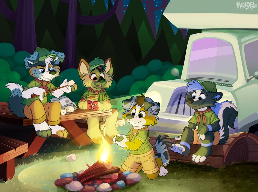 anthro bottomwear campfire camping candy car clothing dessert food green_clothing green_hat green_headwear green_shirt green_topwear group hat headgear headwear kerchief khaki_shorts male marshmallow motor_vehicle neckerchief neckwear orange_kerchief orange_neckerchief scout_uniform scouts shirt shorts toony_car topwear vehicle young young_anthro koidelcoyote briarcollie dustyfotter heybayle redrookshep border_collie canid canine canis collie domestic_dog german_shepherd herding_dog mammal mephitid pastoral_dog sheepdog skunk absurd_res hi_res