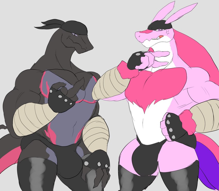 4_fingers alternate_species anthro arm_wraps biceps big_bulge biped black_body black_kerchief black_scales black_tail bulge chest_tuft clothing countershade_crotch countershade_face countershade_neck countershade_scales countershade_torso countershading deltoids duo femboy fingerless_gloves fingers fur fur_tuft furgonomic_headwear furgonomics gesture gloves grey_background grey_body grey_countershading hand_gesture handwear kerchief male male_anthro markings middle_finger mostly_nude mostly_nude_anthro mostly_nude_male muscular muscular_anthro muscular_male navel pecs pink_body pink_eyes pink_markings pink_scales pink_tuft purple_sclera scales simple_background square_crossover standing studded_clothing studded_gloves studded_handwear studs tail three-quarter_view tuft white_body white_countershading wraps wrist_fluff daikuhiroshiama nintendo palworld pocketpair pokemon sebastian_(daikuhiroshima) generation_7_pokemon lovander pal_(species) pokemon_(species) salazzle 2023 colored digital_drawing_(artwork) digital_media_(artwork) hi_res portrait three-quarter_portrait